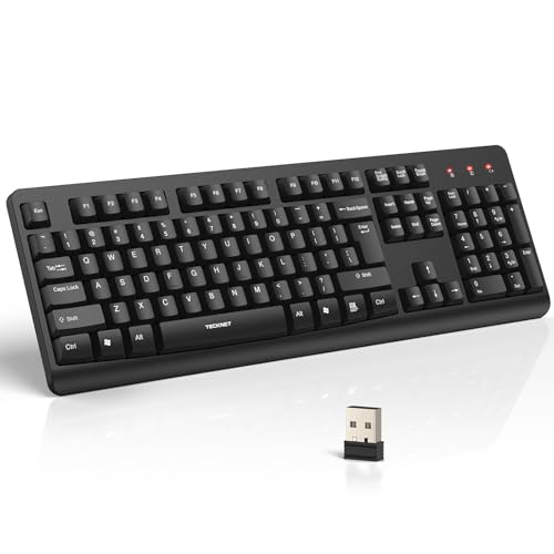 TECKNET ワイヤレスキーボード 2.4G 静音フルサイズUSBキーボード 数字パッド付き 人間工学キー 折り畳み式足 ノートパソコン PC デスクトップ Surface Windows 11/10/8/7に対応 - QWERTY US配列 ブラック