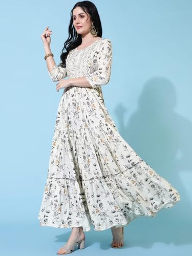 Image of Women Rayon Regular Fit Floral Printed Mirror Work Tiered Anarkali Kurta