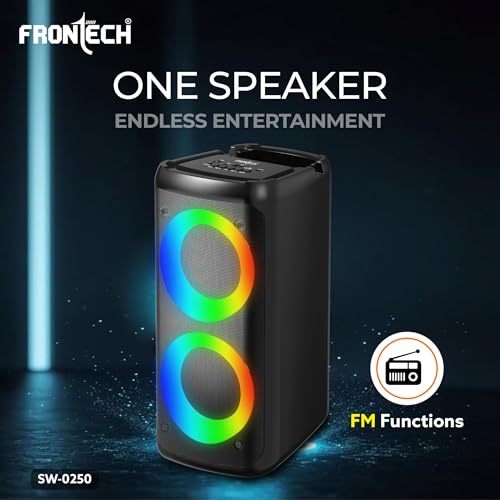 Image of FRONTECH Multimedia Party Speaker, 20W Output, Dual 4 inch Drivers, RGB Light Tower Design, Bluetooth 5.0, 2400mAh Battery, TWS, FM, USB, AUX, MIC, Portable Speaker, 1 Year Warranty (SW-0250)