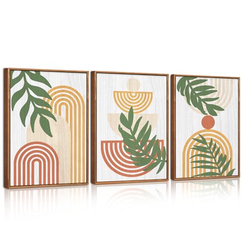 CHDITB 3PCS Green Sage Boho Poster Set,Botanical Framed Wooden Wall Decor,3D Boho Abstract Geometric Line Wall Art,Mid Century Nature Plants Decoration for Living Room Bedroom Office (30x40cm)