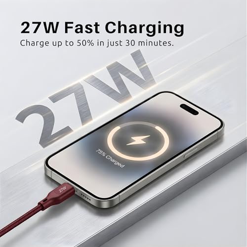 Image of PHILIPS DLC4150LI /94 27W iPhone Original Type-C to Lightning Fast Charging Cable (1.5m, Iron Red) | MFi Certified | 480Mbps Data Sync | Nylon Braided | Compatible with iPhone & Other Lightning Devices