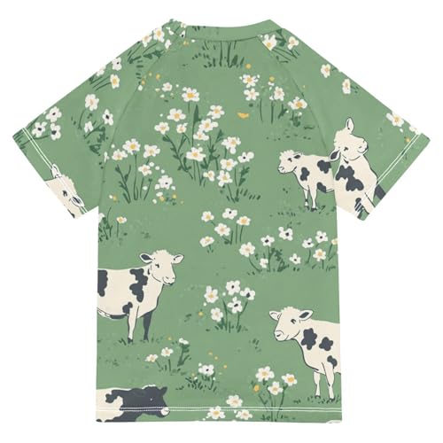 Boys Short Sleeve T-Shirts Cow Flower Farm Cartoon Rashguard Kids Swim Shirts Sun UPF 50+2