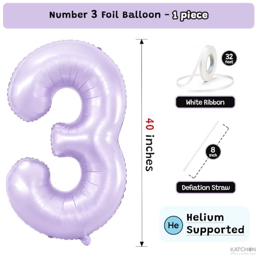Image of KatchOn Pastel Purple Number 3 Balloon - 40 Inch Birthday Party Decorations