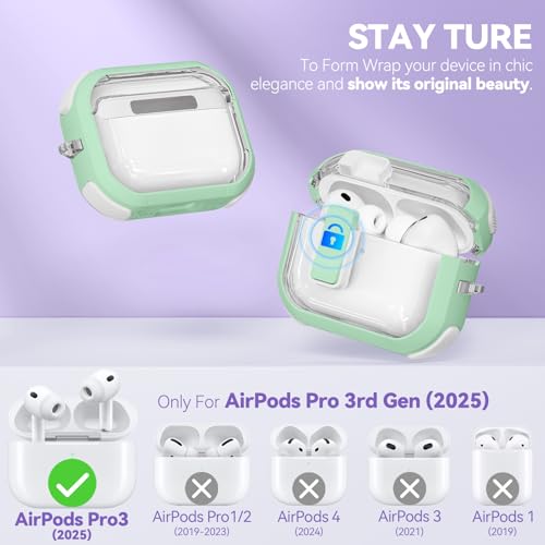 Image of for AirPods Pro 3 Case Clear with Safety Lock, Anti-Yellowing Case with Cleaner & Keychain Compatible with Apple AirPods Pro 3rd Generation 2025 for Women Girly, Shock Protection,Mint Green