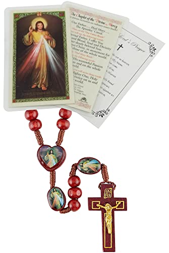 Divine Mercy Chaplet - Prayer Card, Divine Mercy Rosary with Red Wooden Beads, Jesus Christ Heart Centerpiece and Cross Crucifix, The Lord's Prayer Card | Catholic Set Of 3 Items
