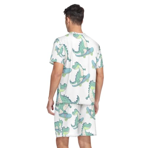 Men's Pajama Set Cartoon Crocodiles Pattern Short Sleeve with Shorts Pockets Sleepwear Set Summer Loungewear2