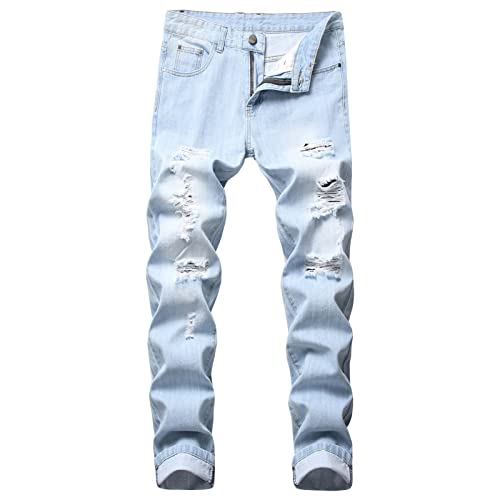 Men's Ripped Washed Slim Fit Jeans Straight Leg Hip Hop Denim Pants Vintage Distressed Skinny Jean Trousers