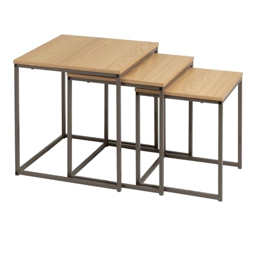 LOLAhome   Set de 3 Mesas Nido Cuadradas de Madera y Metal Color Moka Efecto Madera Natural – Mesitas Auxiliares Apilables para Salón, Comedor, Sofá o Sala de Espera