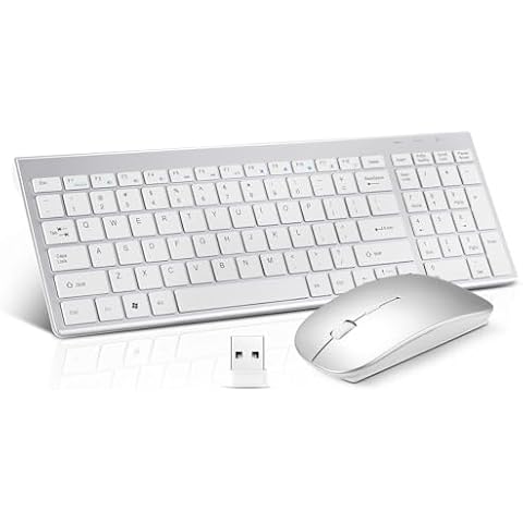 Wireless Keyboard and Mouse Combo, Compact Quiet Wireless Keyboard and Mouse Set 2.4G Ultra-Thin Sleek Design for Windows, Computer, Desktop, PC, Notebook, Laptop-Silver White Cover