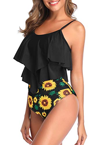 Image of Bathing Suits for Women High Waisted Swimsuits Tummy Control Two Piece Tankini Ruffled Top with Swim Bottom Bathing Suits