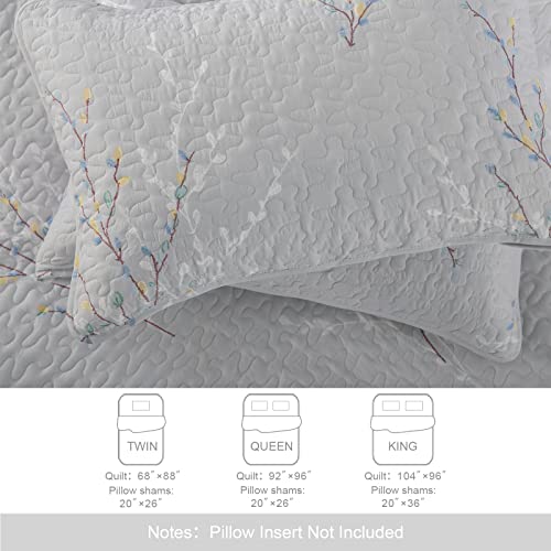 Exclusivo Mezcla Reversible Boho Quilt Set King Size, 3 Pieces Flowers Grey All Season Bedspreads, Ultra Soft Floral Coverlet Bedding Set with Printed Pattern (1 Quilt, 2 Pillow Shams)