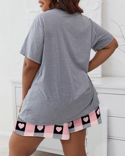 Plus Size Womens 2 Pieces Short Sleeve Letter Print T Shirt and Shorts Cute Heart Print Causal Set For Daily2
