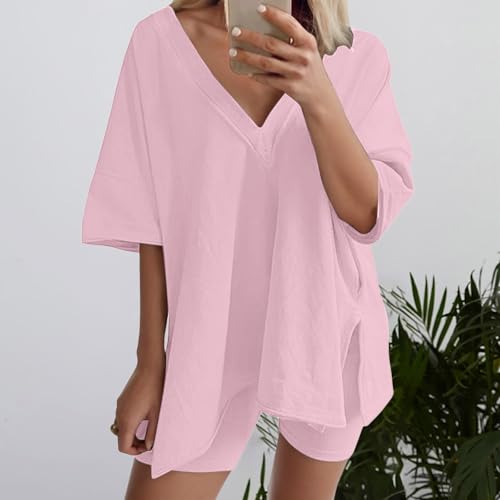 Women Oversized 2 Piece Clothing Set V Neck T Shirt Shorts Activewear Womens Sweat Shorts with Pockets3