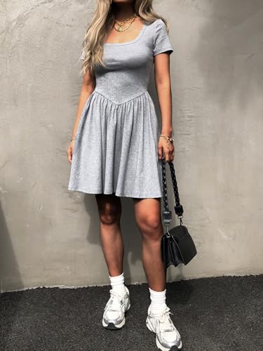 Image of Mieazom Women's Summer Casual Short Sleeve Mini Dress Square Neck A Line Pleated Swing Dresses Basic Short Dress with Pockets