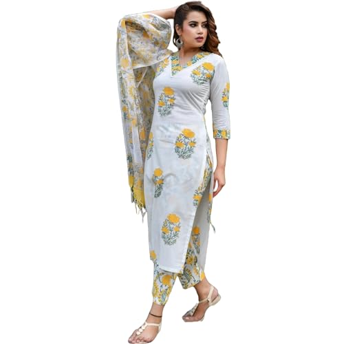 Image of Women Printed Stylish White and Yellow Kurta with Pant and Dupatta Set