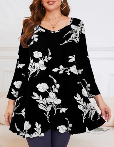 Image of LARACE Tunics 3 /4 Sleeve Plus Size Tops for Women V Neck Loose Fit Flowy Clothing for Leggings