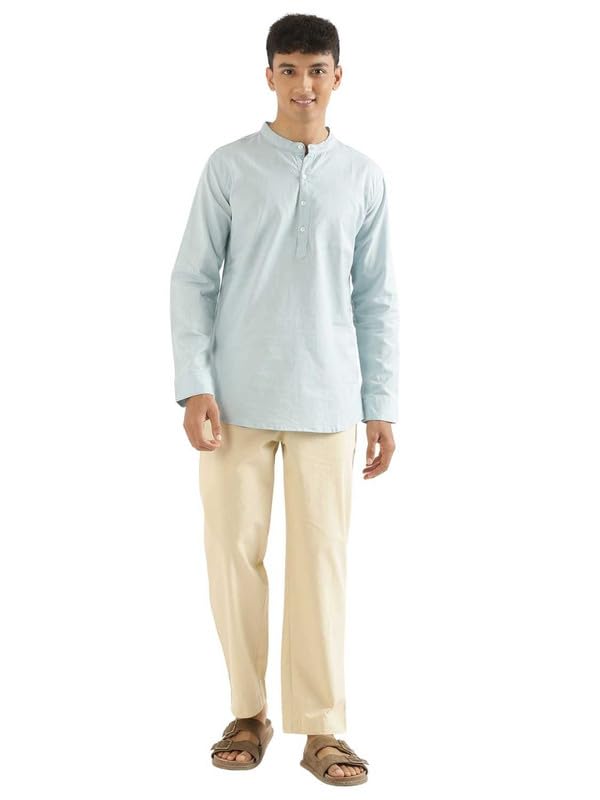 Image of SAADAA Men's Short Kurta - Linen Cotton Blend, Airy Fabric, Regular Fit, Mandarin Collar, Solid Color - Casual, Festive & Ethnic Wear