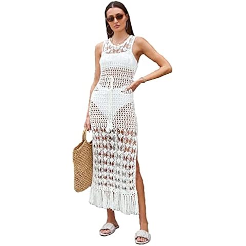 NFASHIONSO Womens Crochet Tassel Beach Wear Cover up Swimwear Bikini Long Maxi Beach Dress Cover