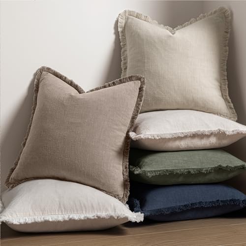 Image of MIULEE Decorative Throw Pillow Covers Neutral Linen Fringe Throw Pillows Euro Shams Set of 2 Dune Boho Farmhouse Cushion Covers for Couch Sofa Bed Living Room Fall Home Decor 22x22 Inch