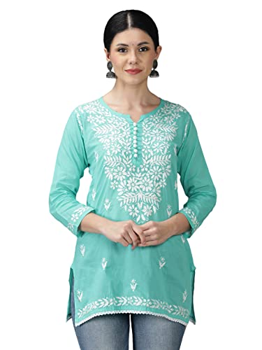 Image of Seva Chikan Hand Embroidered Lucknowi Chikankari Cotton Short Top Tunic for Women SCL9017