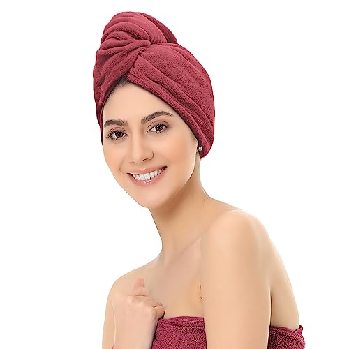 Image of Sassoon Venir Microfiber Hair Wrap Towel for Women (Crimson Color, Free Size) with Smooth Texture Super Absorbent Quick Dry Hair Turban for Drying Hair