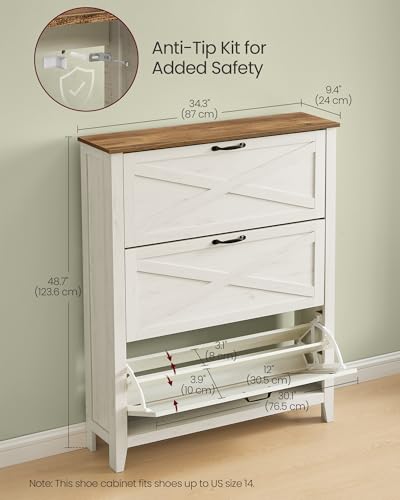 Image of VASAGLE LIRY Collection - Shoe Storage Cabinet Organizer with 3 Flip Drawers, Freestanding Narrow Shoe Rack Cabinet for Entryway, Farmhouse Style, Fits 18 to 24 Pairs, Rustic White UHSC301WJ01S