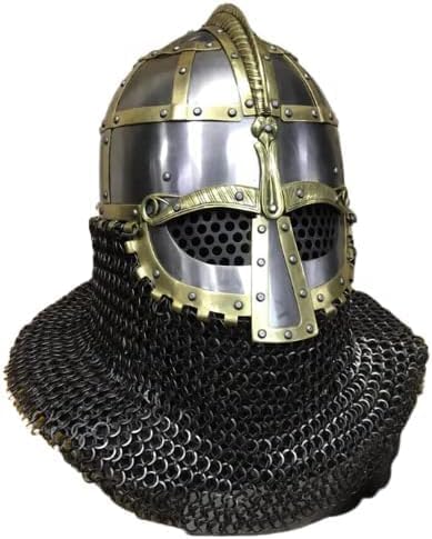 Medieval Viking Vendel Helmet with Chainmail, 14 Gauge Steel, SCA Combat Ready, Brass Accents