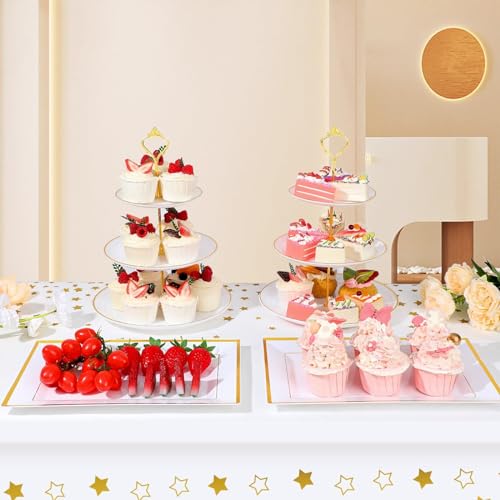 DI QIU REN 8PCS Cake Stand Set, Plastic Cupcake Stands with Gold Rim, Dessert Display Stands Set for Wedding Birthday Party Baby ShowerTea Party - Image 3