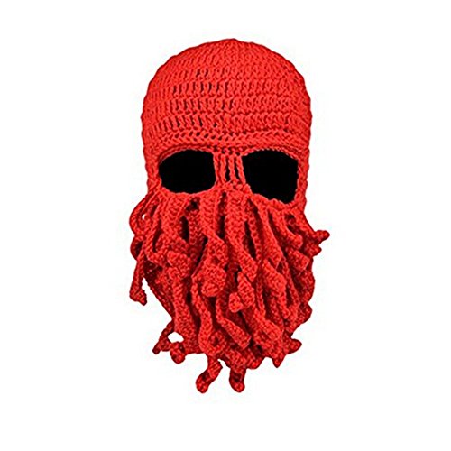 gloednApple Windproof Octopus Winter Warm Knitted Wool Ski Face Mask Knit Beard Squid Beanie Hat Cap (Red)