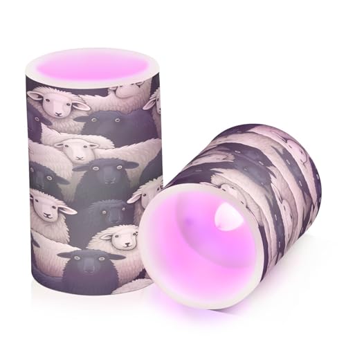 Image of Lights Flameless Candles Black White Lamb Sheer Pillar Candles Set of 2 Battery Operated Remote Control Warm Lights Home Decor