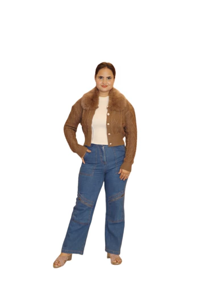 Women's Cable Knit Cardigan with Fur Collar, Brown, Button Front, Cropped Style-image-5