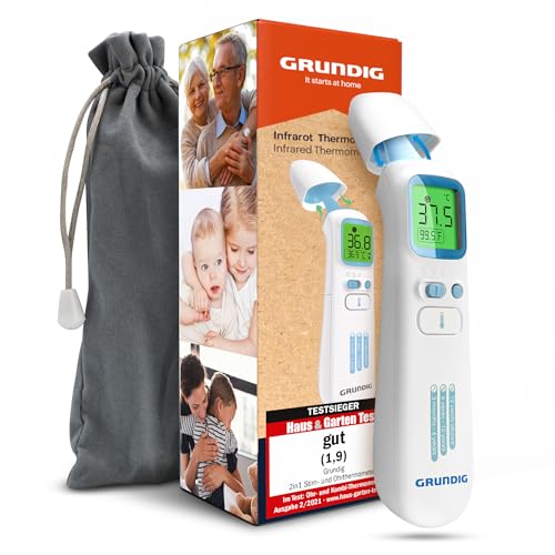 GRUNDIG Termómetro de fiebre ganador de la prueba – sin costes de seguimiento – Termómetro para bebés, niños y adultos, alta precisión, sin contacto y fiebre digital en la frente de la oreja y objetos