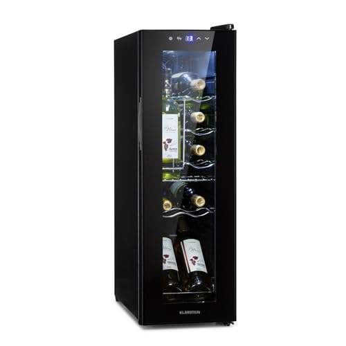 KLARSTEIN Shiraz Cantinetta Vino Nero – 12 Bottiglie, 32 L, 1 Zona | Frigo Vino a Libera Installazione, Porta in Vetro, Silenziosa, 5–18 °C, LED, Telaio Inox