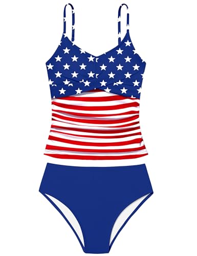 Image of Girls Swimsuit 2 Piece Bathing Suit Criss Cross Ruched Girl Tankini Sets Printed Girls' Swimwear for 9-18 Years