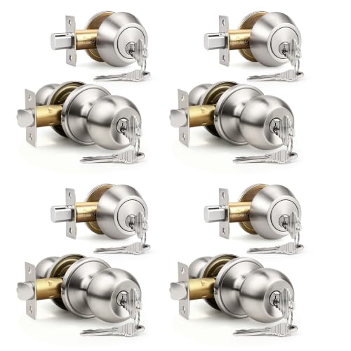 Knobonly Keyed Alike Exterior Door Knob Round Outdoor Lock with One Sided Deadbolt Stainless Steel Satin Nickel Door Knobs Silver Door Handle Sets 4 Pack