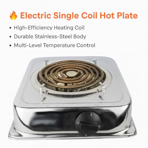 Image of Electric Single Burner Hot Plate, Portable Coil Cooking Heater with Temperature Control, Silver