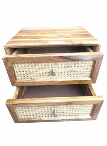 Image of MISAN Boston Solid Wood Bedside Table with Rattan Drawers Mid Century Night Stand for Living Room, Bedroom (S- Natural)