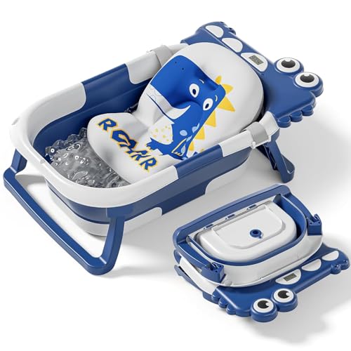 Image of Collapsible Baby Bathtub for Newborn, Foldable Baby Bath Tub with Thermometer & Soft Floating Cushion & Drain Hole, Portable Travel Infant Bath Tubs for Newborns to Toddlers 0-36 Months Boy,NavyBlue