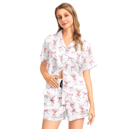 Image of Funny Satin Pajamas Set for Women Button Down Sleepwear Print Pjs Set 2 Piece Short Sleeve Loungewear Gift for Women