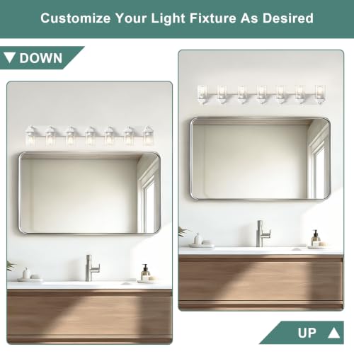 Image of White Bathroom Light Fixtures, 7 Lights Bathroom Lighting Fixtures Over Mirror, Square Design & Rectangle Large Backplate, Modern Vanity Lighting Fixtures, for Bathroom /Living Room /Bedroom