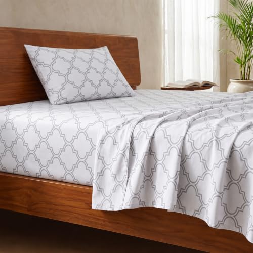 Image of LANE LINEN 100% Organic Cotton Bedsheet for Single Bed - Trellis Silver | GOTS Certified, Percale Weave, 60x90 inches, Soft & Breathable, Machine Washable, Includes 1 Pillow Cover