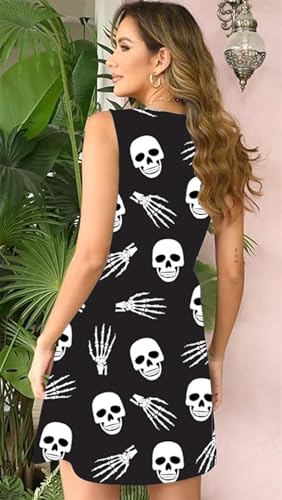 Image of Halloween Skeleton Sundresses Women Skull Print Sleeveless Pumpkin Face Jack O' Lantern Mini Tank Dress