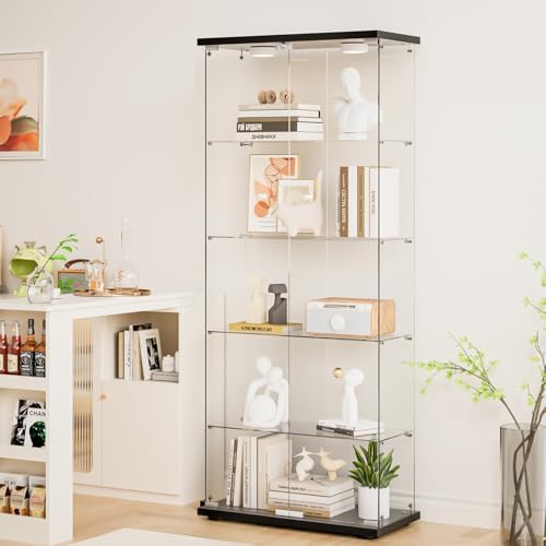 Glass Display Cabinet 5-Shelf with Door, Locking, 12-Color LED Push Lights with Remote Control,4mm Tempered Glass Floor-to-Ceiling Bookcase for Bedroom, Living Room, Black