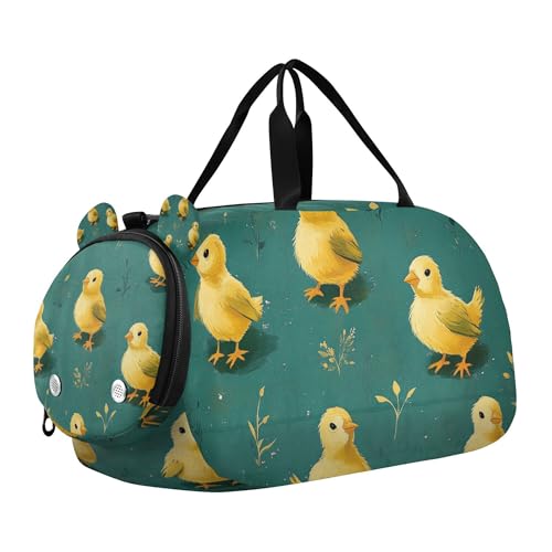 Glaphy Yellow Chicks Teal Green Duffle Bag for Toddler Boys Girls, Gym Sports Bag with Shoe Compartments, Kids Travel Overnight Weekender Shoulder Bag