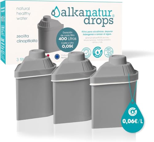 Pack 3 Filtros Zeolita de Agua Alkanatur Drops – Depuración + Alcalinización + Hidrogenación – Elimina Cloro Metales Pesados y Microplásticos – Añade Magnesio – Libres de Tóxicos | ALKANATUR