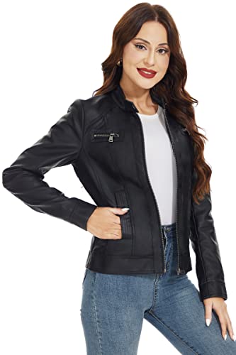 Fahsyee Zip Leather Jackets for Women Motorcycle Faux PU Moto Biker Outwear Coat3