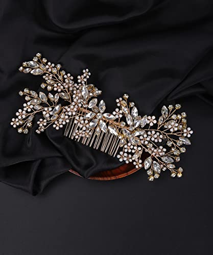 Peine para boda Denifery Gold con cristales y flores miniatura 5
