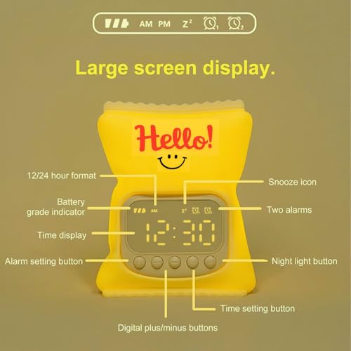 Image of One94Store Hello Digital Alarm Clock with LED Display & Night Light | Cute Cartoon Design, Snooze, Timer & Temperature | Bedside Clock for Kids, Bedroom & Home