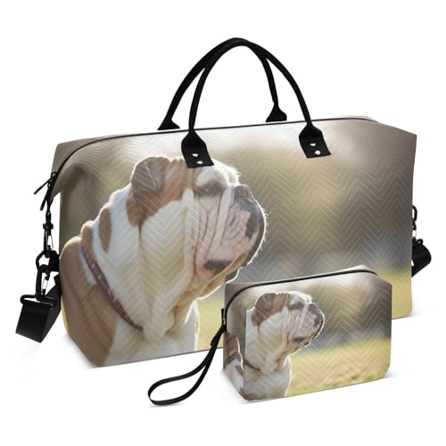 Large Travel Duffel Bag, Pug Puppy Grass Sunlight Sport Tote Gym Bag, Shoulder Weekender Overnight Bag for Women Men, Carry On Luggage with Toiletry Bag