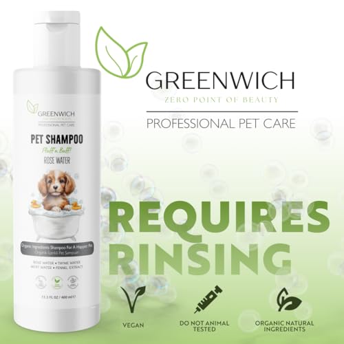Greenwich 100% Vegan Fellpflege Hundeshampoo gegen Juckreiz, 400 ml, Sensitiv Hypoallergen Welpen Katzen Shampoo für Geruch, alle Hunderassen, pH Wert